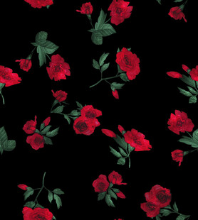 黑色底红花绿叶印花图案