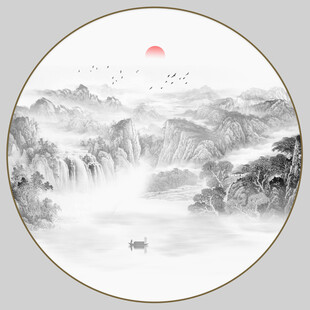 圆形水墨山水画