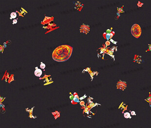 黑色底多彩动物图案布料