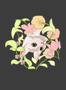 花卉环绕的小猫插画