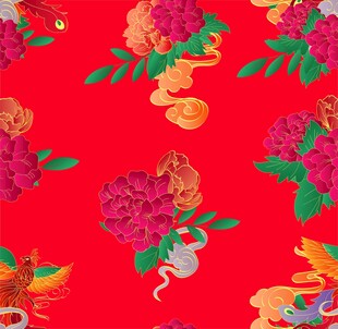 中式红底花卉龙纹传统图案