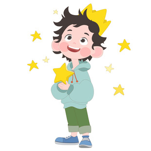 卡通男孩带着皇冠拿着星星看天空
