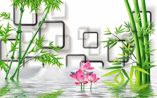 水墨风竹林荷花美景