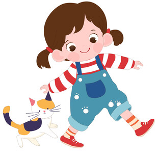 穿背带裤扎双马尾女孩和猫咪互动