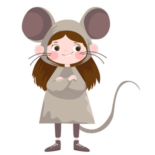 女孩穿卡通玩偶服小老鼠睡衣插画