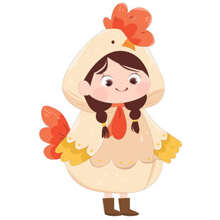 女孩穿卡通玩偶服小鸡睡衣插画