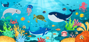卡通海豚海底鲸鱼珊瑚水族馆背景