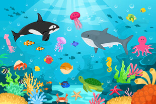 海底世界卡通鲸鱼海洋动物背景墙
