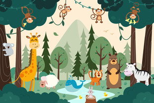 可爱动物乐园卡通森林儿童背景墙