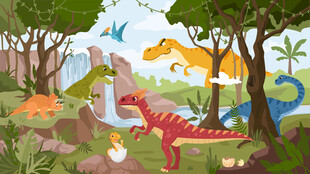 手绘恐龙世界湖边森林儿童背景墙