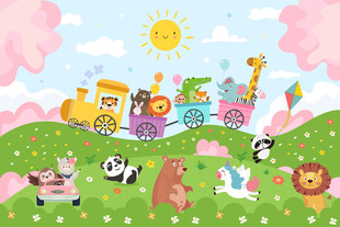 唯美花朵卡通可爱动物火车背景墙