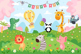 可爱动物乐园卡通花朵儿童背景墙