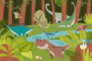 卡通绿色森林恐龙世界儿童背景墙