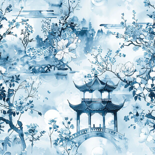 水墨江南雪景中的古韵楼阁