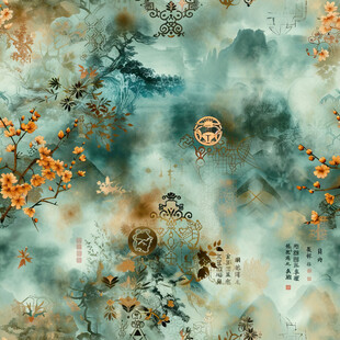 中式古风花鸟山水意境图