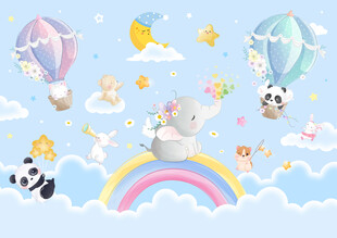 可爱动物卡通彩虹气球儿童背景墙