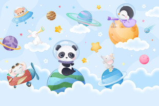 可爱动物宇航员卡通太空星球背景