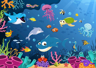 可爱海洋动物卡通海底珊瑚背景墙