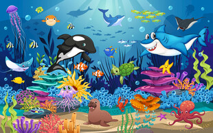 梦幻海底卡通鲨鱼鲸鱼珊瑚背景墙