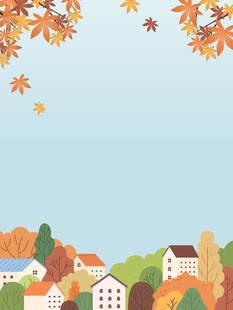 秋天枫树落叶下的小村庄风景插画