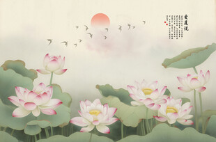 国画荷花山水背景墙