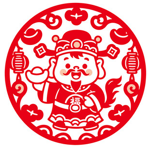 圆形马年财神剪纸贴纸图案