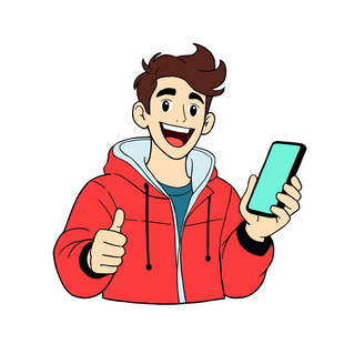 红衣男子手持手机扫码竖拇指