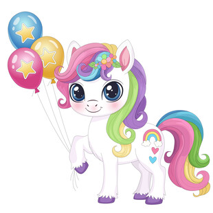 马年彩虹气球小白马独角兽插画