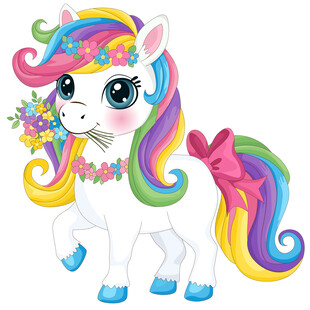 萌趣马年戴花环彩虹小白马插画