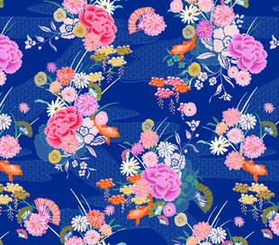 深蓝色底多彩花卉图案