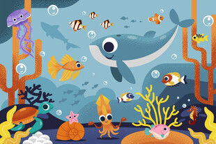 可爱鲸鱼卡通海底景观水族馆背景