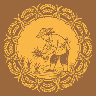 水稻丰收插秧团花图