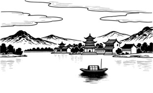 手绘山水楼阁线条图