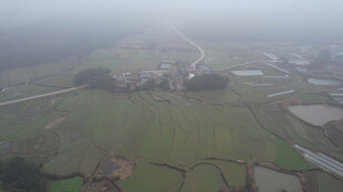 雾中乡村田野俯瞰景