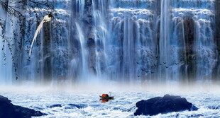 招财瀑布山水画