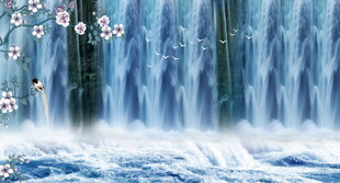 巨幅招财瀑布山水画