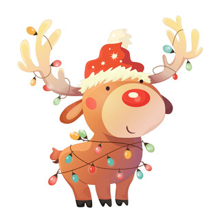 圣诞节可爱驯鹿身上缠着彩灯插画