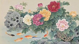 牡丹锦鲤图