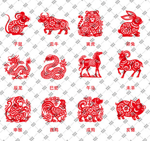 十二生肖剪纸插画矢量图元素