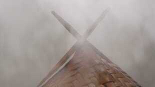 雾气中的锥形建筑顶部