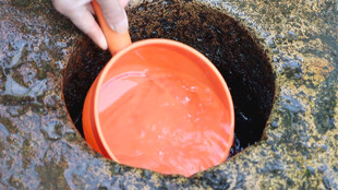 手用橙色瓢舀取深色液体