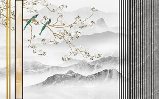 新中式花鸟山水格栅背景墙