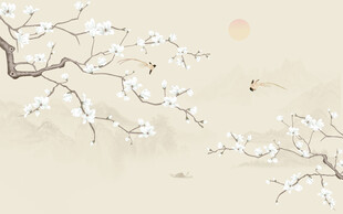 水墨山水简约花鸟背景客厅装饰画