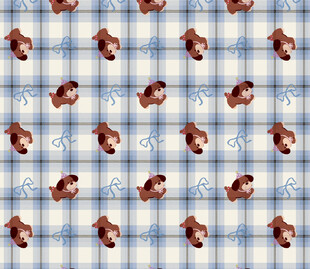 小熊图案蓝白格子布料