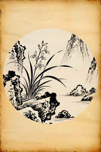 中式水墨兰花山水图