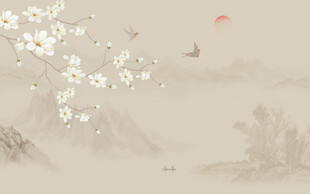 新中式玉兰花鸟画背景墙壁画