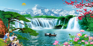 流水生财瀑布山水画