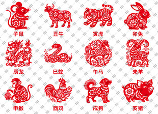 十二生肖剪纸插画矢量图元素