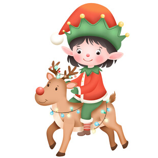 卡通圣诞节小精灵女孩骑彩灯驯鹿