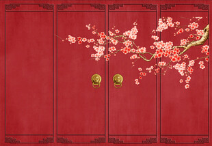 中国风故宫红墙梅花墙纸中式木门